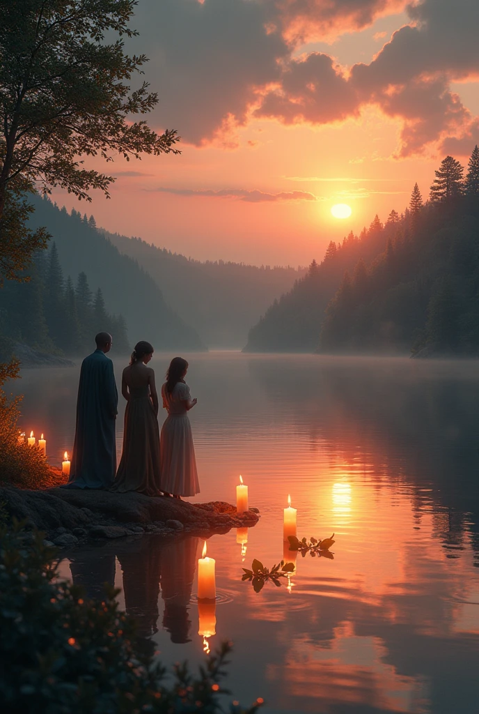 Beautiful picture at a lake with floating candles at sunset on the occasion of the birthday of a deceased person