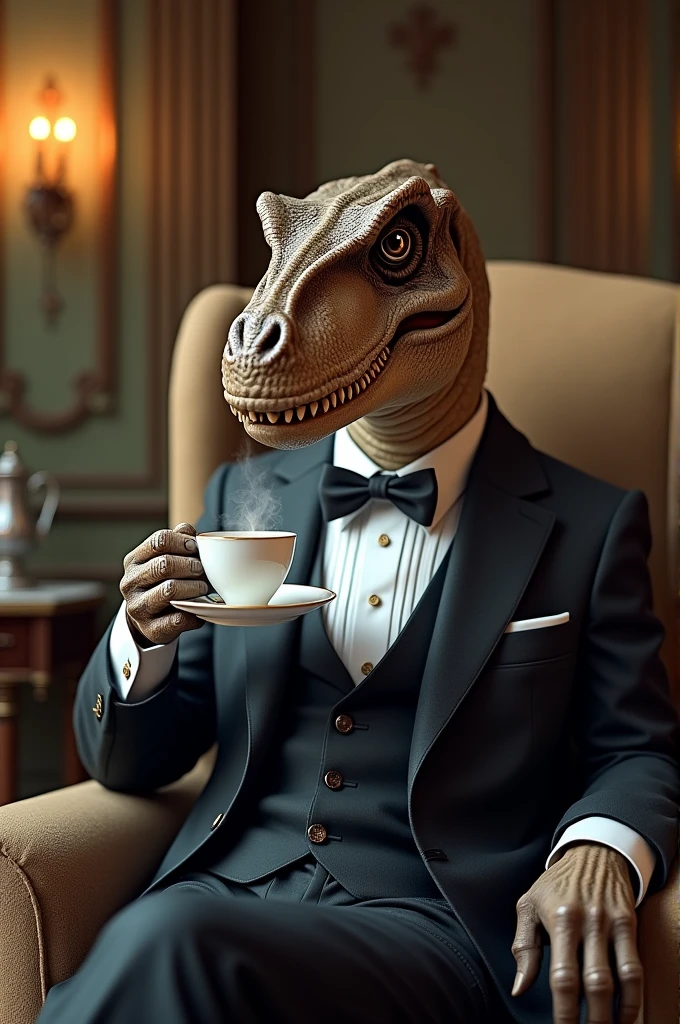 A T-rex in a suit with a monocle. Sitting down and drinking tea. In a sophisticated manner.
