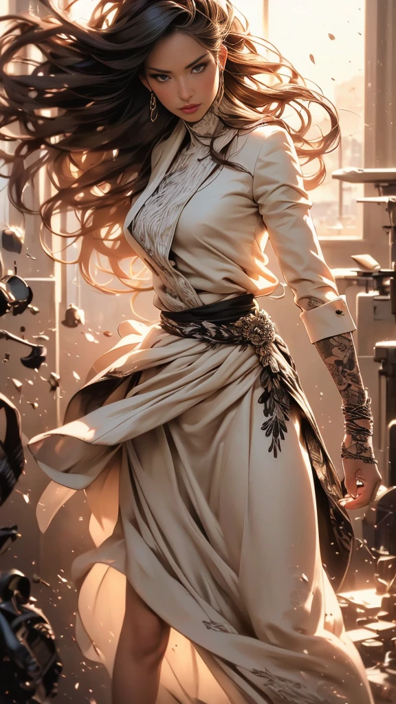Portrait of an elegant lady donned in a flowing skirt, attention captivated by the sinking sun, sunset hues fill the sky, her silhouette softened against the vibrant backdrop, skirt swaying gently in the breeze, strands of hair playing with the waning light, profile captured in natural light, rich color palette, digital painting, ultra realistic