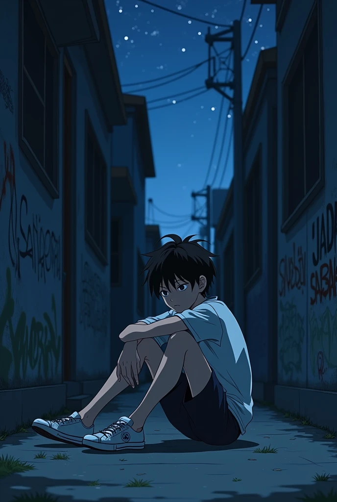 anime, alley, 1 boy sitting with tennis shoes, evening, Graffiti, good lighting, stars