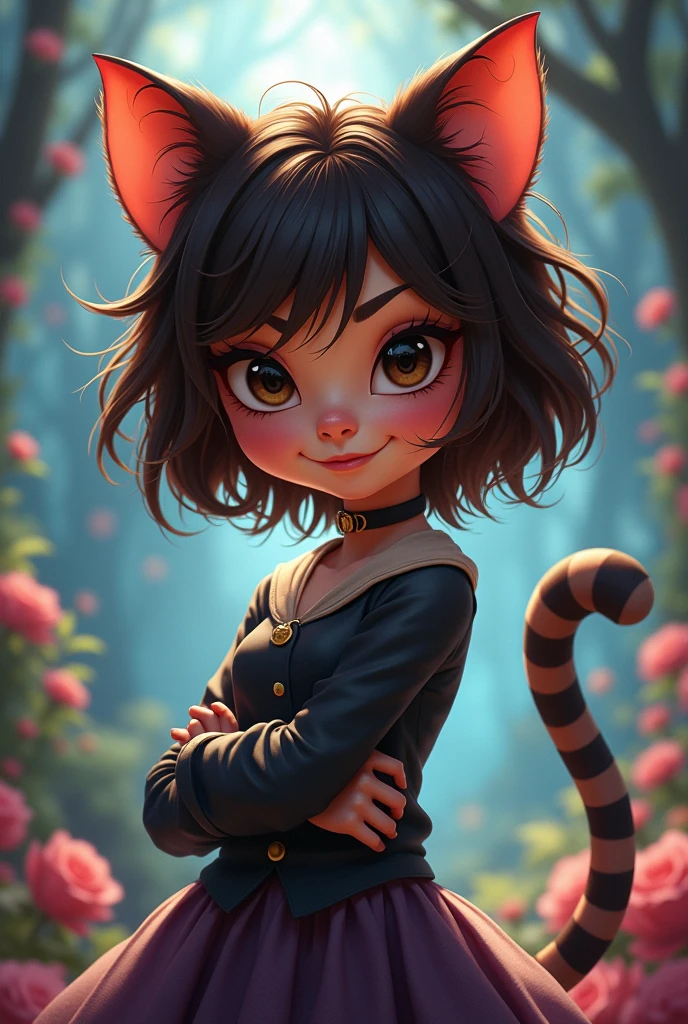 Brunette girl with medium short brown hair and black eyes Cheshire cat version, Disney Pixar cartoon style
