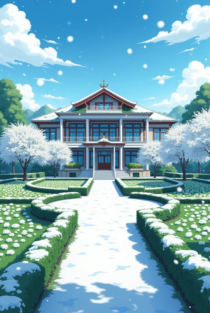 Make a school in the middle of a garden of white flowers and snow , a logo written GARDEN, アニメ!