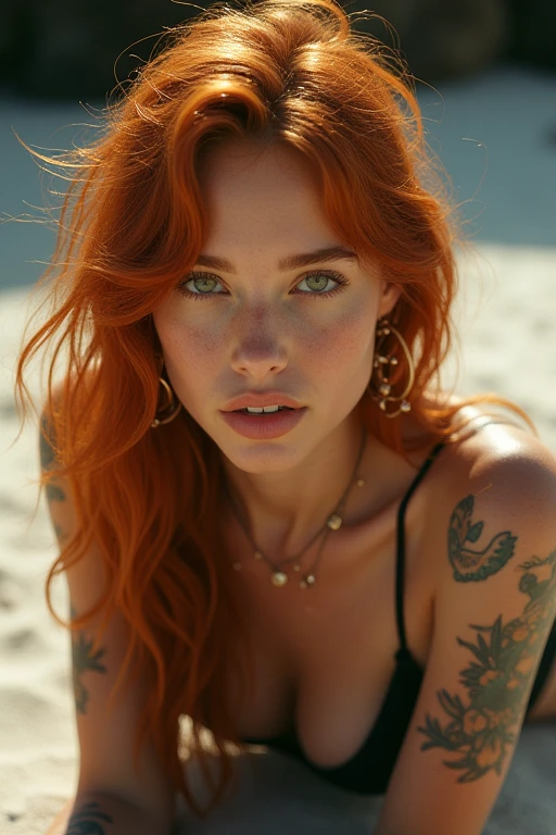 very detailed, 16K high resolution, incredibly detailed image, cinematic, best quality, masterpiece, realistic, detailed face, detailed background, mystical, dramatic lighting, A girl, 20 years old, she is alone, beautiful, natural red hair, straggly and messy wavy hair. Extremely detailed facial expressions with sharp and piercing green eyes. A delicate, slightly cheeky face, subtly made up. ((She is tattooed and pierced, large tubes in her ears.)), She has (very small breasts) and a slim figure, in good shape. Her height is about 1.70 meters. She is lying on her stomach sunbathing on the beach and is naked.