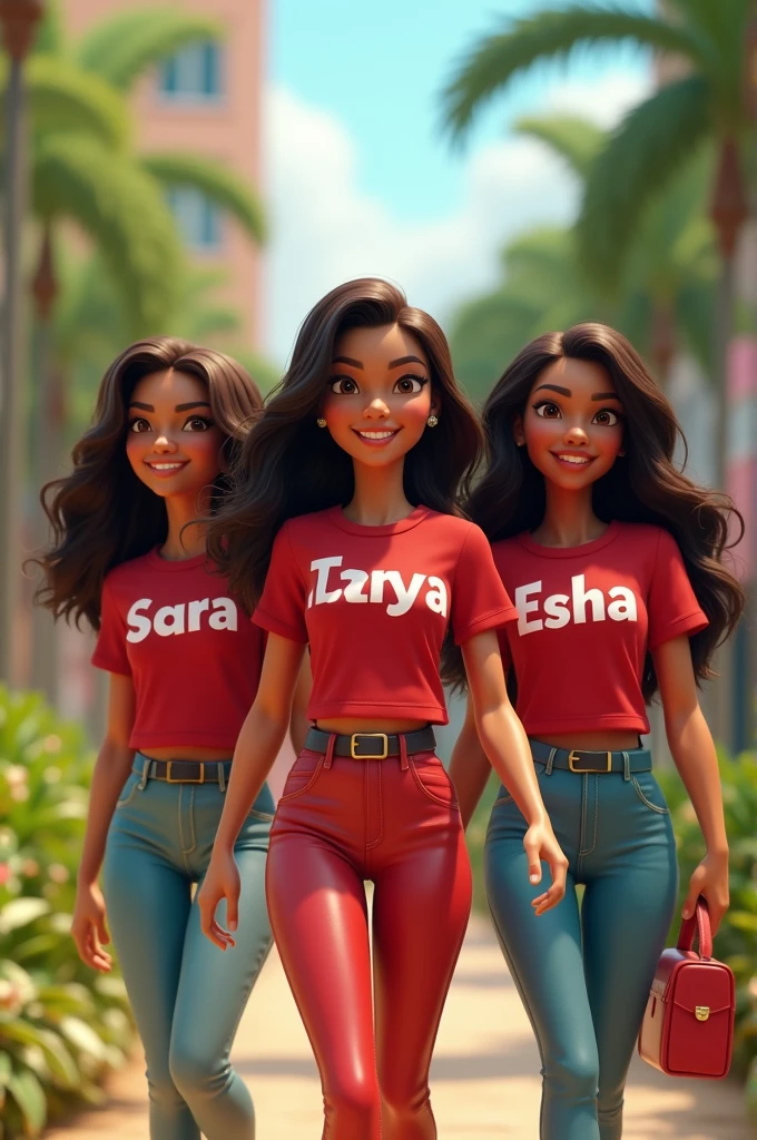 A captivating 3D animated scene featuring three ravishing Latina ladies, Sarah, Maryam and Gazelle, with Bratz features and brown hair. They all wear red shirts with their names in bold letters and pants. A white T-shirt has a sign reading “Taniya” while Nadine reads “Anaya” The red shirt also carries a sign that says "Esha" With big smiles on their faces, the girls stroll through a picturesque park. Their long, wavy brown hair gently flows in the breeze, and their expressive brown eyes sparkle with joy. The background is a stunning 18k UHD photorealistic rendition of a lush garden, showcasing a mix of nature and urban elements. The overall vibe is fun and trendy, perfect for a summer day. Pictures, 3D rendering, fashion