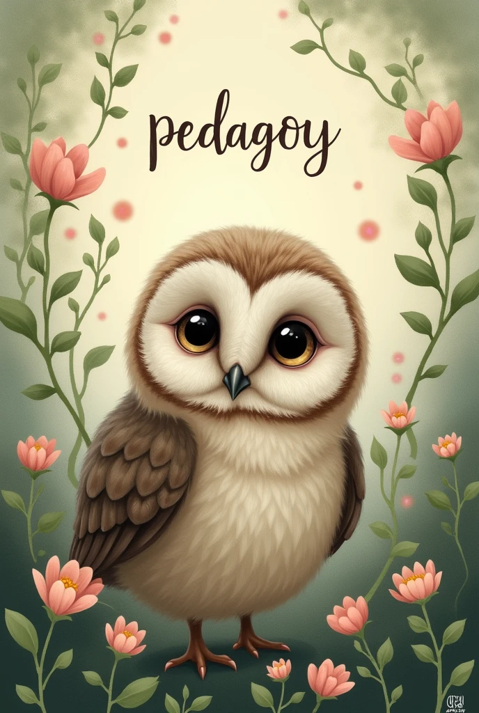 Create a baby owl image with a feminine background. Write "pedagogy" and emphasize the name "Paula Fernandes "