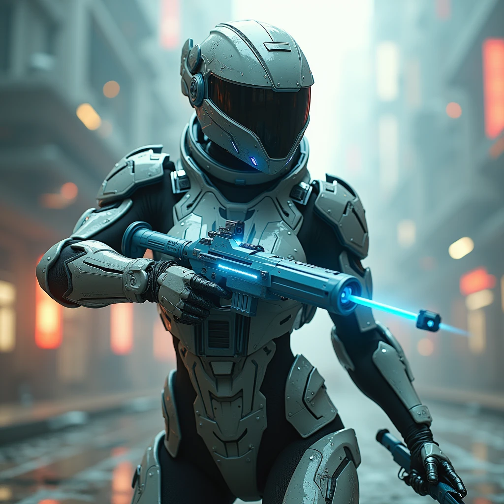 A full protective helmet mask and futuristic high-tech combat armor made of water，Sci-fi female space warrior，High-tech science fiction magical weapons，Tactical equipment，Shooting stance，Battlefield environment，Art Photography