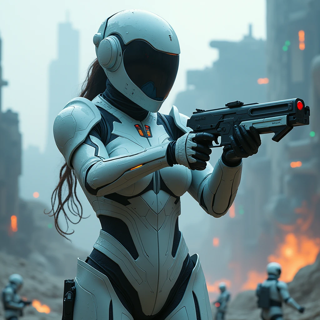 A full protective helmet mask and futuristic high-tech combat armor made of water，Sci-fi female space warrior，High-tech science fiction magical weapons，Tactical equipment，Shooting stance，Battlefield environment，Art Photography