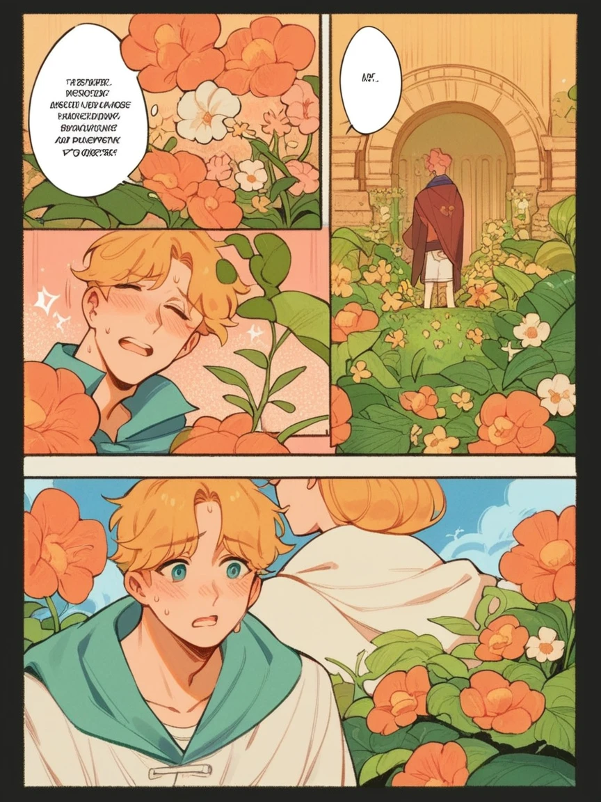 score_9, score_8_up, score_7_up, score_6_up, p4n3ls, 1girl, 1boy, flowers, long hair, panels, (8k, best quality, master piece: 1.2),super high resolution,A page of a soft pastel colored comic book divided into frames、Romeo and Juliet、A princess falls in love with a prince、speech bubble、Powerful girl manga style
