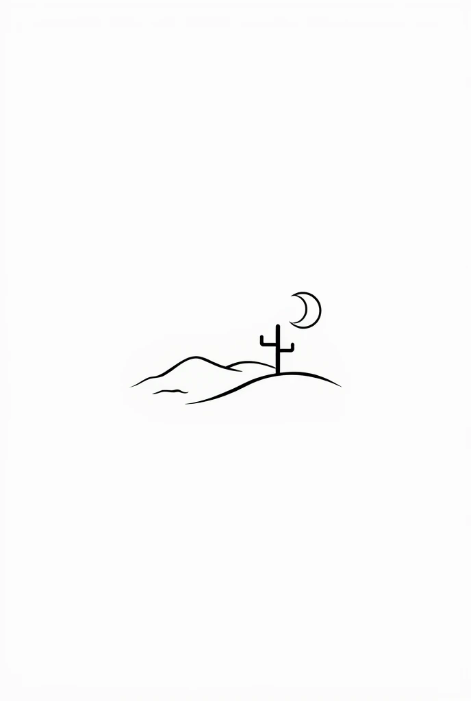 "A minimalist black line drawing symbol representing a desert, with a transparent background. The design should feature simple elements like sand dunes, a cactus, and a sun or crescent moon, all drawn in clean, bold black lines. The overall style should be modern and easily recognizable, with no additional colors or shading, making it suitable for use as an icon or logo."