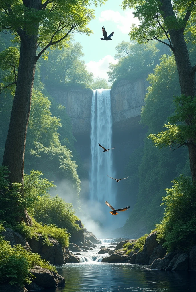 Forest in waterfall naturall animal birds