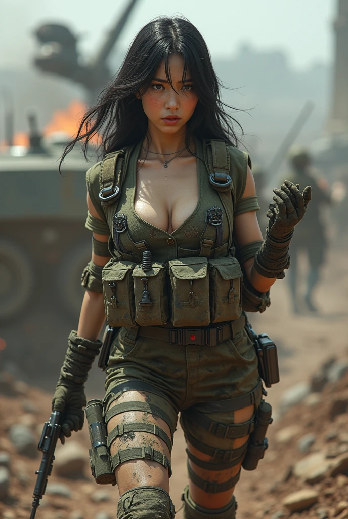 Photo-realistic, ultra-realistic, (very beautiful Japanese, famous Japanese idol:1.3), Fully equipped for battle, (painful impressions, crying:1.3), (wearing an army soldier's Camouflage outfits with military helmet:1.5), (at a battle field), large breasts, (tactical vest, military harness:1.3), (military long boots:1), dynamic angle, spectacular, (muddied, damaged wears, damaged body:1.3), (Army Signal Corps), (She is talking on a military satellite communication equipment:1.3), communicating via a large transceiver, (large parabolic antenna:1.3),