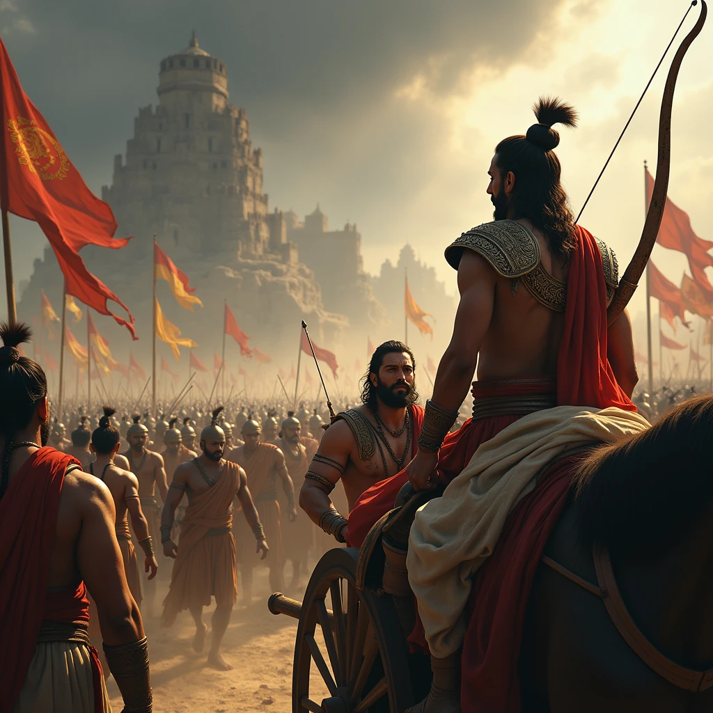 Create a powerful scene on a battlefield where Arjuna, with a distressed and conflicted expression, is standing in his chariot, gazing at the vast army of warriors, both friends and family members. Surround the battlefield with flags of different houses fluttering in the wind, symbolizing the clans involved in the war. The environment is filled with dust and tension, with warriors in traditional armor ready for battle. In the background, depict the crumbling remnants of societal structures, fading images of family traditions, and rituals, signifying the destruction of kuladharma (family duties) and jātidharmāḥ (societal duties). Krishna, standing beside Arjuna, exudes a calm yet serious demeanor, emphasizing the gravity of the situation. The overall atmosphere should convey a sense of impending doom, with dark, stormy skies, adding to the intensity of Arjuna’s inner turmoil.