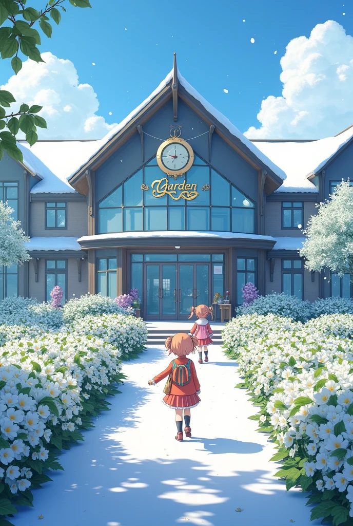 Make a school in the middle of a garden of white flowers and snow , a logo written GARDEN!, アニメ!