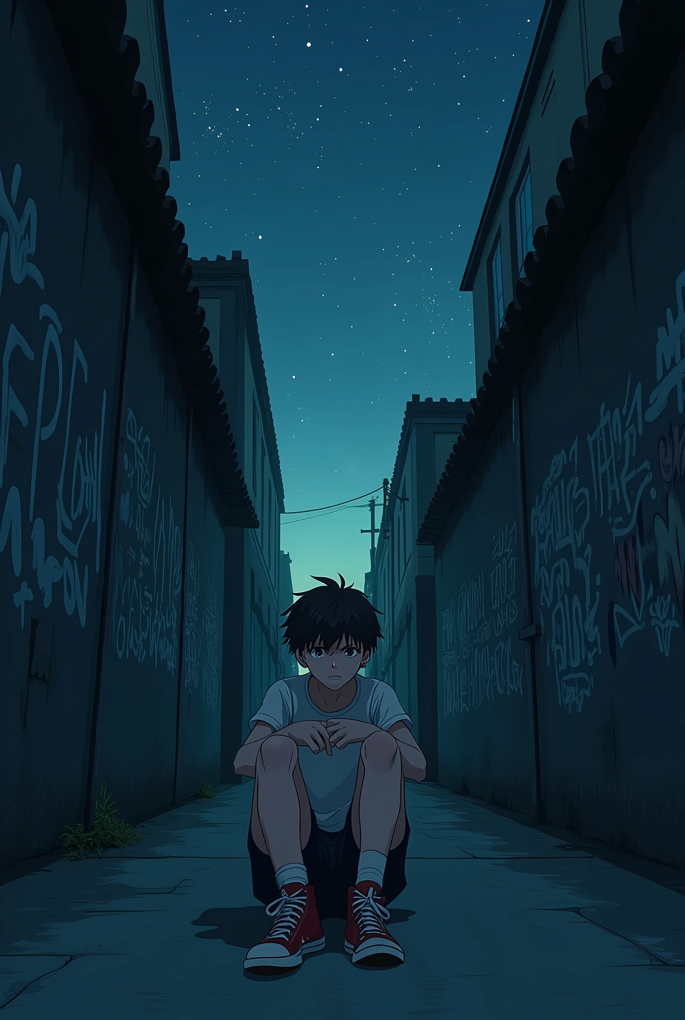 anime, alley, 1 boy sitting with tennis shoes, evening, Graffiti, good lighting, stars 