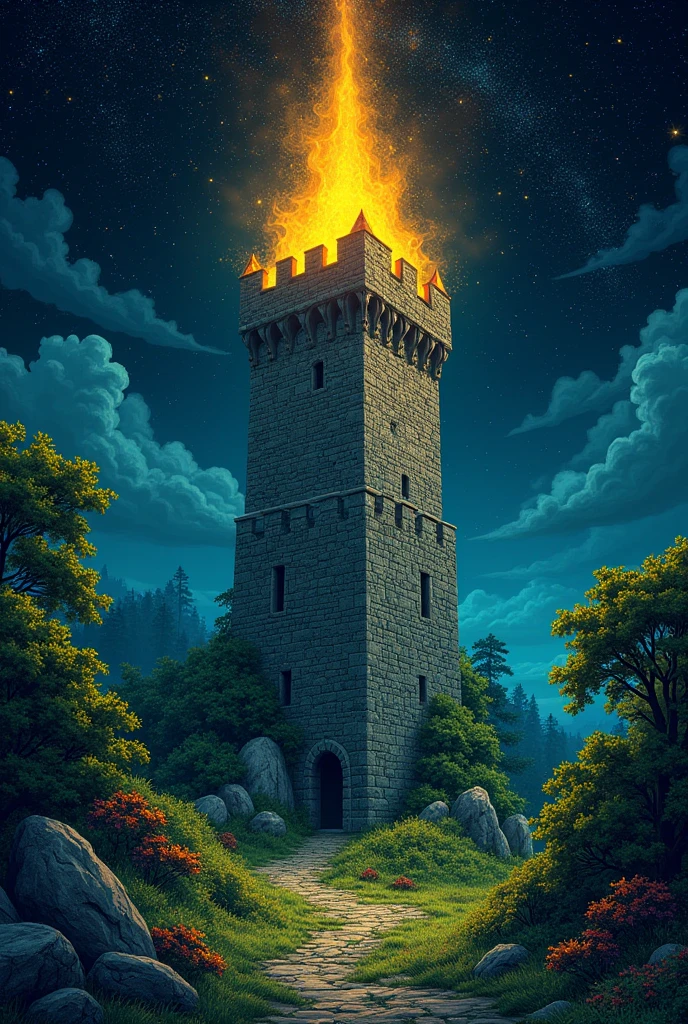 em uma floresta a noite, there was a very tall tower made of medieval stones, and there is no door in this tower, just the top, at the top of the tower there is a golden light illuminating the entire forest in the darkness, the sky is very starry, the forest has very beautiful grass, I want it to have vibrant and very eye-catching colors, comic book style. 