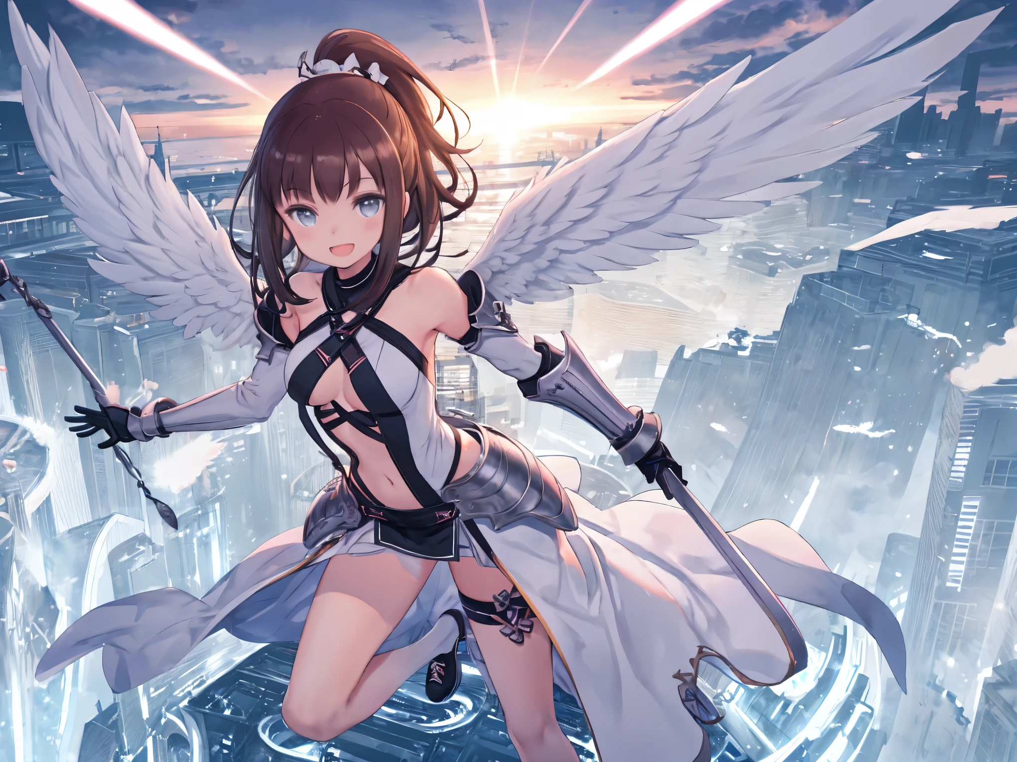 fantasy, 1angel_girl, low_, dark_brown_hair,ponytail,long_bangs, (dark_skin)+, bare_shoulder, navel out, thighhighs,silver_shiny_armor, white_wear,waist_armor, Glebe, medium_breasts, dynamic_flying_pose,Floating, (1pair_white_wings:1.2),(pelvic_curtain:1.3), silver_Headgear ,looking_down_at_sunset_city_sky_background,,slightly_spread_legs, ,solo,glare_halo,laugh ,smile,open_mouth,open_legs,open_arms,rise_knee,rise_leg,rise_thigh,rise_leg,forward_leaning_posture,apart_legs,trying_to_hug_viewer