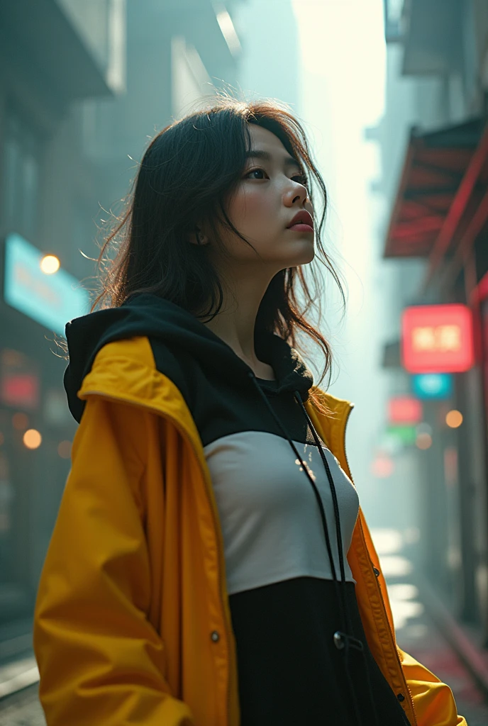 Masterpiece, 4K wallpaper, Masterpiece sci-fi cyberpunk city, fantasy sci-fi, neon glow lights city, ( Subject ( 1girl, A cute japanese women with beautiful hair, wearing an youth stylist oversized hoodie fashion, yellow, black and white stylist fashion, jumper hoodie and short solid cotton trousers, the hoodie stylist masterpiece.))
( Pose (Relaxed, with dance pose, masterpiece. Medium breast.))
( Setting (ultra realistic, sci-fi theme, A mystic environment, cyberpunk city with neon glow lights and a glow light portal.))
( Face ( absolute detail of face masterpiece, detail skin pores masterpiece, oil skinny, beautiful japanese girl, detail of face.))
( Perfect human body, perfect human fingers)
( Lighting (Dramatic side lighting with a warm and cool light masterpiece, absolute face and body lighting teqnique, sunlit glow and light rays, masterpiece object lighting and detail.))
(detail of wearing masterpiece), rahnday style photography, the sense of photography), sea art infinity.
( Style (Hyper-realistic, cinematic, with a focus on detail and texture, octan render 4K quality masterpiece.))
( Technical Specifications (Shot from a medium long shot, below-up perspective, with a Fujifilm XT-4 with Fujinon 50mm lens at f/1.2.))
(((Additional Notes)
 ( Focus on Key Elements (Emphasize the woman, her clothing, and the dramatic city backdrop.))
 ( Visual Effects (Include cinematic grains, falling glow particles, and a blurred background with white fog.))