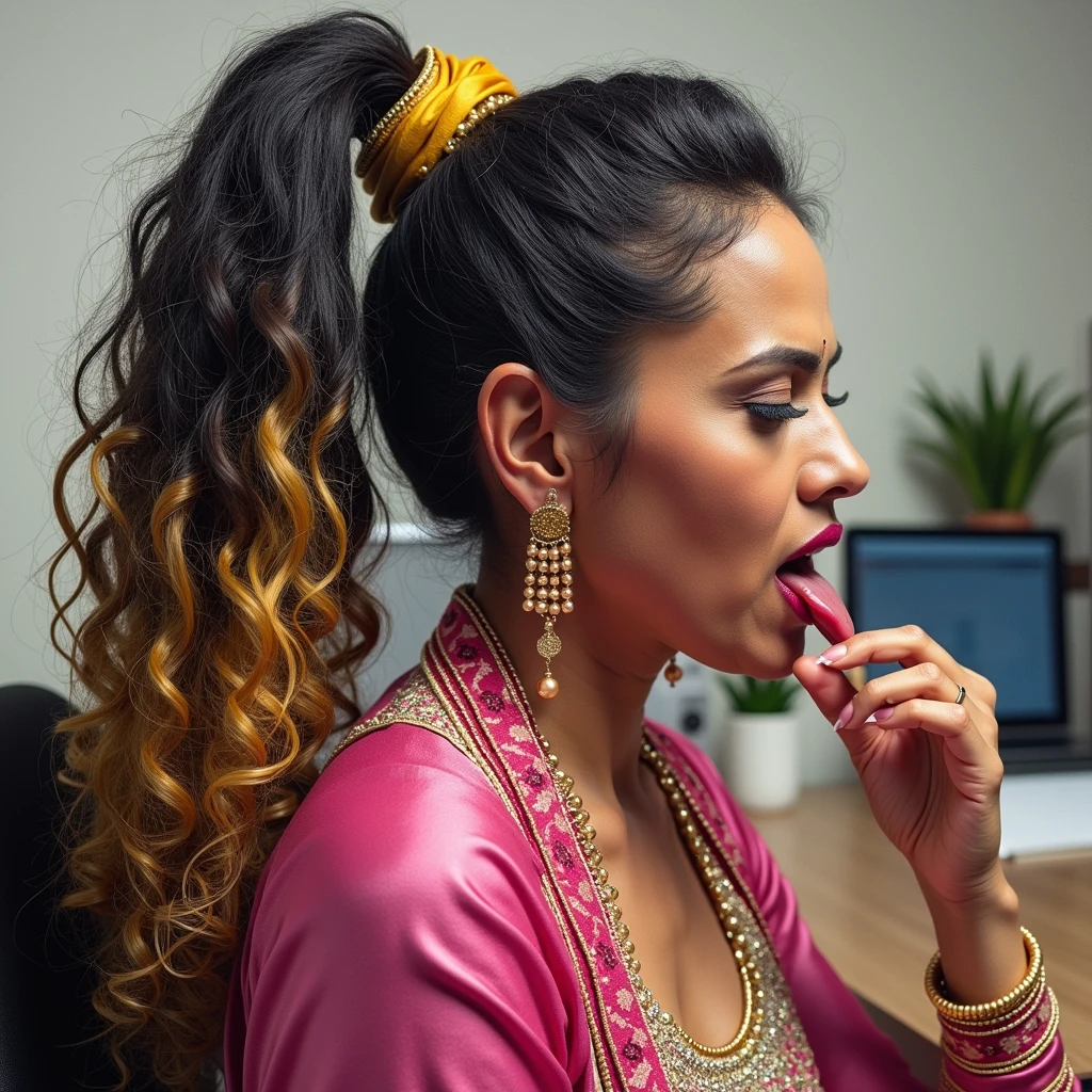 in luxerius office items sorrounded bright lighted modern indian office,a mature indian kneeled with jer unbeliveable 3c curly black with little yellow heavy volumed hair in squat pose very closely to her lesbian very young 1 in age tall sexy girl in saree who got similar 3c curly extreme heavy volumed black hair.she is in low pontail and standing,after the ponytail her hair is become extreme bushy bigger than her body running to the floor.She is taken squat pose lady's yellow hair with hand and checking.Since they do this act,Other office ladies also got errected and playing with their huge breasts pressing them harder to show these two ladies.these all ladies are with dress exactly in as per image prompt,all of them,with their hairs respectively color for the ladies hairs in as per image prompt,their long,meticulaiursly colied until become perfection with shining spills and flows thriugh the floor,red lipsstick,natural tongues pulled out,These all ladies' faces are with showing full of sexual wildness showing out from their faces exact as in image prompt,Their eyes are fullfill with sexual wildness with raping hair as per the imahe prompt,(Show me their tongues,long tongues:1.0) styled with 100000 liters hair oil,hairs like viscus oiled pulp,slick combed hair lines highly visible,{{{{Ladies wears perfect dresses in perfectt busty}}}},{{{{{NSFW}}}}},{{{{{{Hairs highly soaked}}}}}},{{{slick combed hair lines}}}},{{{{Hairlines reflecting shinning like mirrors with water}},{{{{{Showcase full bodies perfect busty breast figures}}}}},{{{{{High resolution perfect color grading}}}}}},{{{Perfect hairs on all ladies exactly in image prompt}}}}}}},((((((((Generate ethnicity as indian sexy build ladies))))))))),((((((Generate wildness poses where shows the wildness of the sexually wildness and extremly extremly wildness in to hair licking by their tongues exatly as image prompt))))
