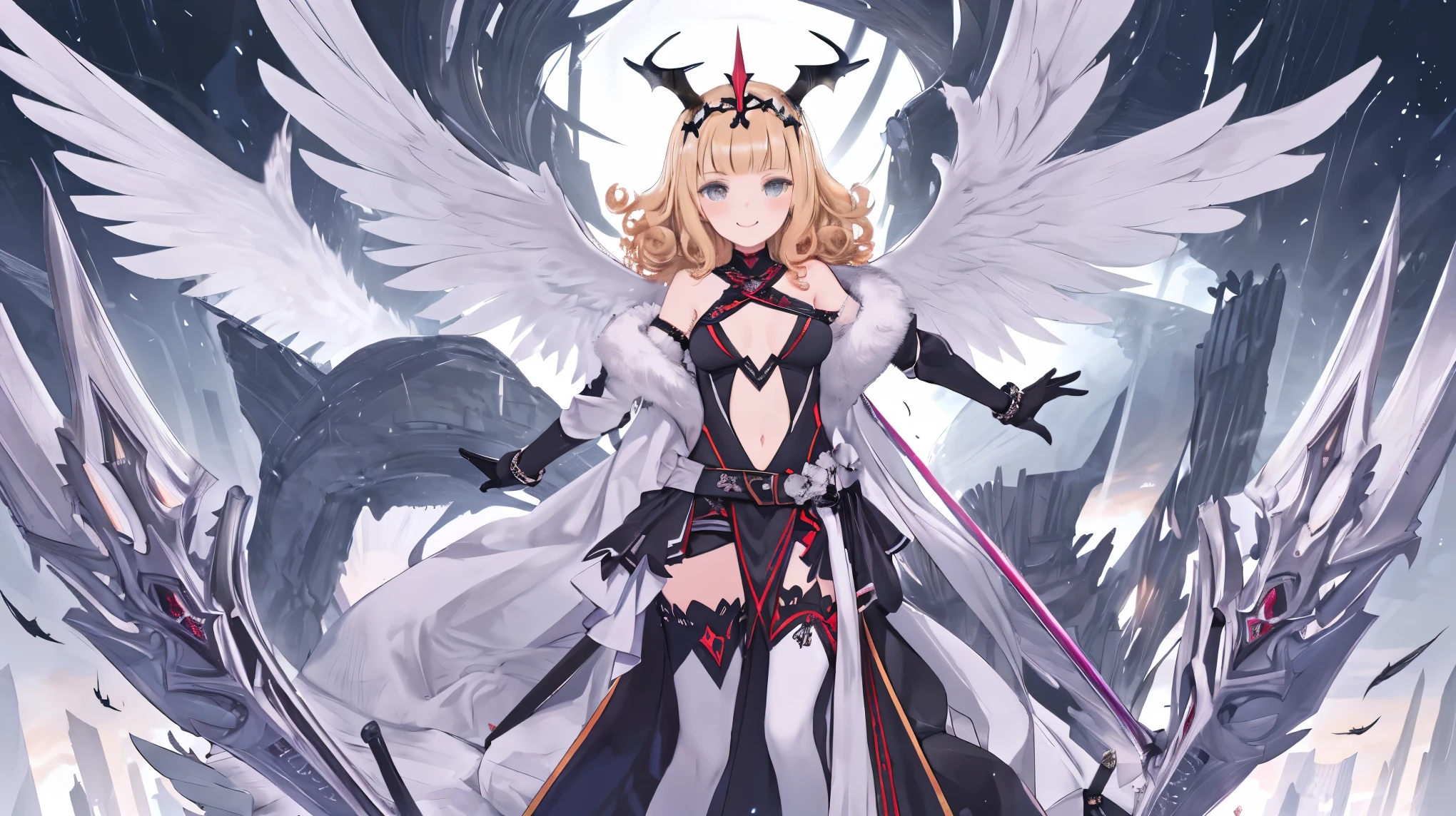 fantasy, 1devil_girl, low_, platina_blond_curly_hair,long_bangs,bare_shoulder, navel out, thighhighs,silver_armor, white_wears,waist_armor, long_Glebe, hold_swords, medium_breasts, dynamic_flying_pose, (1pair_Black_wings:1.2),(pelvic_curtain:1.3), silver_Headgear ,looking_down_at_sunrise_city_sky_background,,slightly_spread_legs, ,solo,horn ,smile,,open_legs,open_arms,rise_knee,rise_leg,rise_thigh,rise_leg,forward_leaning_posture,apart_legs,