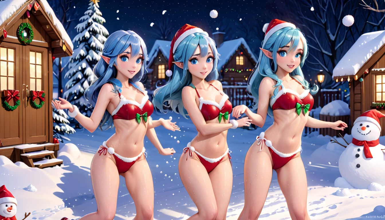 some beautiful blue-skinned elf girls with delicate sapphire hair, ice blue eyes in a red and green bikini, playing in the snow (tossing snowballs, building snow women, splashing snow at one another) outside Santa's workshop on a starry night, lots of Christmas decorations, gingerbread and gum drop elf cabins, ultra-realistic, 8k, highly detailed, masterpiece, volumetric lighting, photorealistic, intricate, elegant, ethereal, whimsical, fantasy, soft warm lighting
