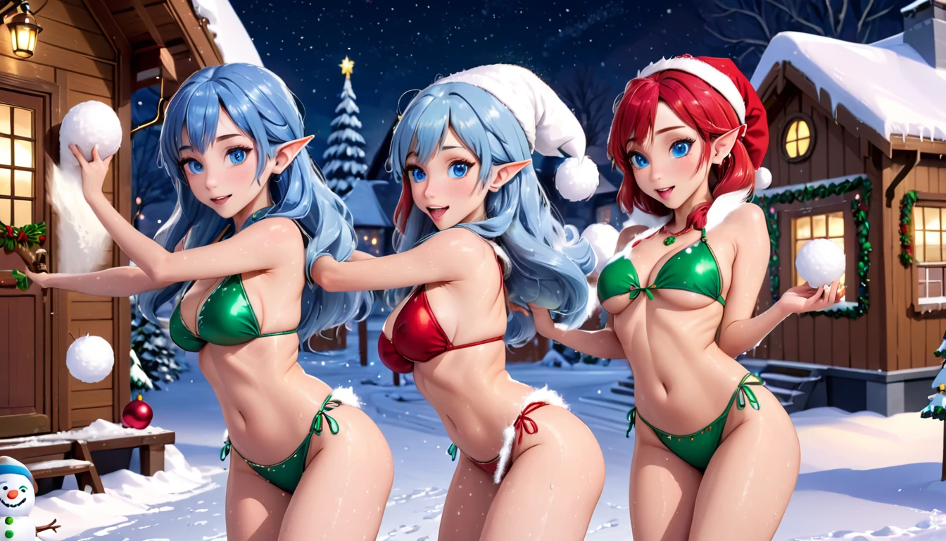 some beautiful blue-skinned elf girls with delicate sapphire hair, ice blue eyes in a red and green bikini, playing in the snow (tossing snowballs, building snow women, splashing snow at one another) outside Santa's workshop on a starry night, lots of Christmas decorations, gingerbread and gum drop elf cabins, ultra-realistic, 8k, highly detailed, masterpiece, volumetric lighting, photorealistic, intricate, elegant, ethereal, whimsical, fantasy, soft warm lighting