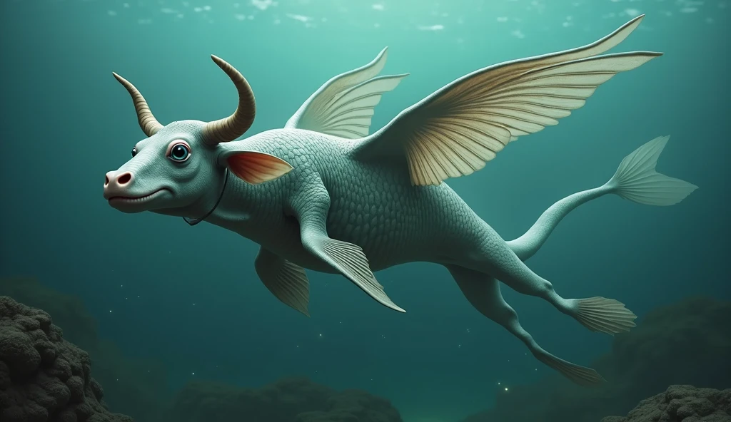 There is a creature growing underwater,It has the body of a fish, the head of a cow and the tail of a snake.,Wings growing from the ribs(best quality,4K,8k,High level,masterpiece:1.2),Ultra Detailed,(lifelike,Photo real,Photo real:1.37)