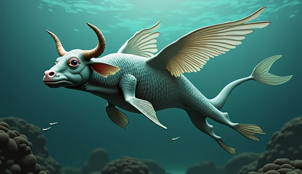There is a creature growing underwater,It has the body of a fish, the head of a cow and the tail of a snake.,Wings growing from the ribs(best quality,4K,8k,High level,masterpiece:1.2),Ultra Detailed,(lifelike,Photo real,Photo real:1.37)