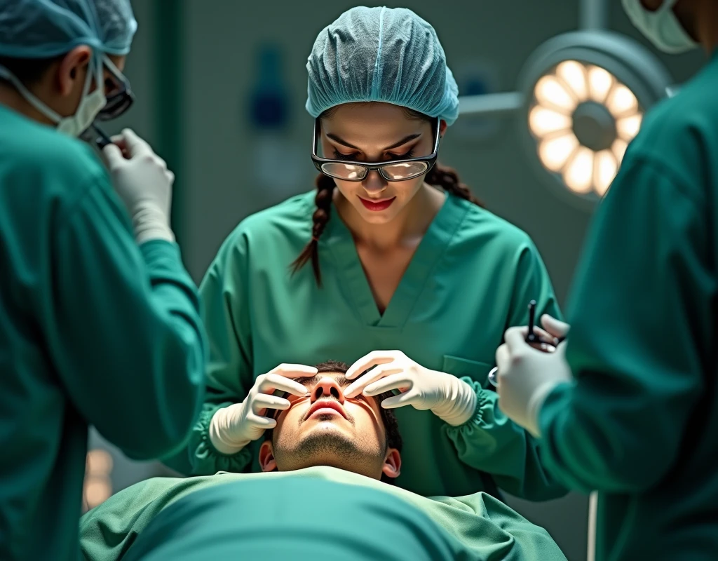 Aishwarya Rai as surgeon, wearing green scrubs, wearing skull cap, wearing surgical glasses, male patient head in her breast, fullbody view, topdown view,