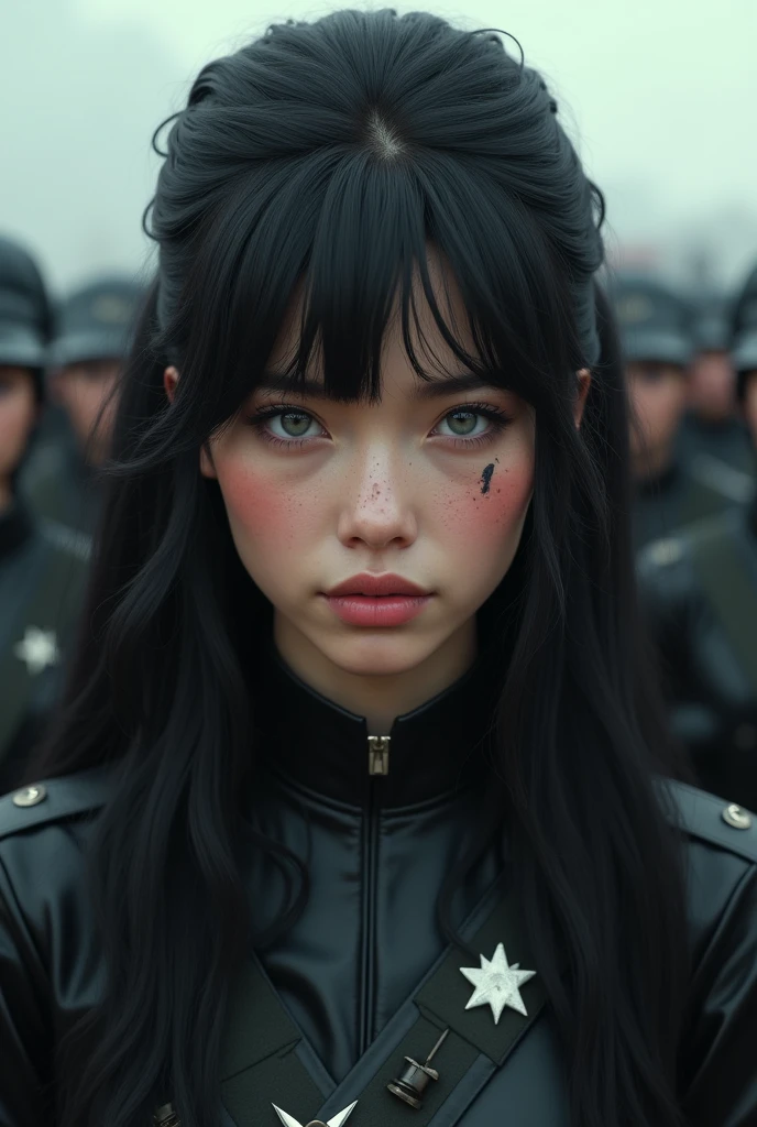 A beautiful, young woman, long wavy hair with a fringe covering her forehead, eyes grey like metal, pale white chick, splattered nose. Black military uniform with all his weapons equipment ready in front of an entire army in a military salute.breasts, fringe, black hair, depth of field, bright pupils, serious, pink lips, pale, determined, Plano americano, 3D rendering, Long hair, blush, Chapped lips, make-up, Without dark circles, mole on left cheek, star shaped scar on neck