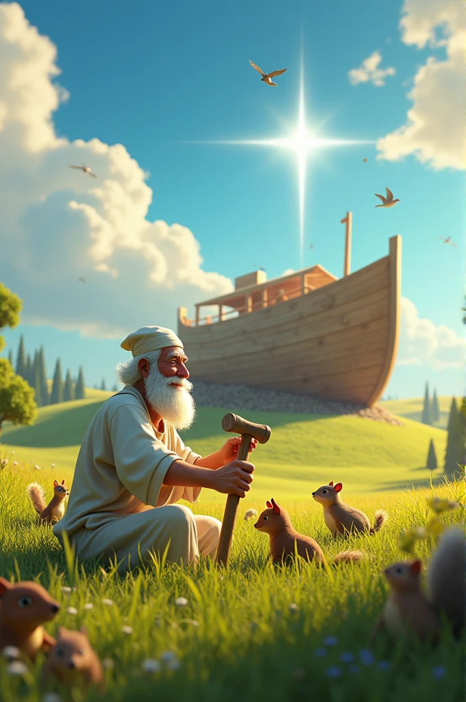 A highly detailed Pixar-style image of an elderly Jewish man named Noe, with a white beard, dressed in simple white tunic and a hat. He is in a vast green field with trees and hills in the background. In the center, Noe is beside a large wooden structure in progress, the ark. The sky is blue with fluffy white clouds. Noe is using tools to hammer and saw the wood, working diligently. Curious animals like birds and squirrels watch him closely. A soft glow in the sky represents God's voice, and Noe smiles, nodding in understanding. Small birds fly around, and other animals slowly approach the scene.