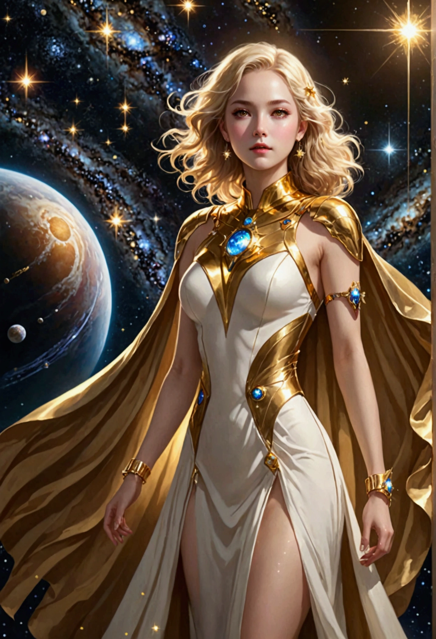 (masterpiece、Highest quality、High resolution、8k)、((Alone in space、Beautiful Goddess、Standing posture、(whole body)、Ideal ratio、A short body is ideal、(Floating in space))、Golden Cape、White long dress、Sleeveless、Gold bracelet、Blonde、Beautiful brown eyes、Elegant operation、Professional Lighting、The universe is full of light、Countless stars and nebulae、