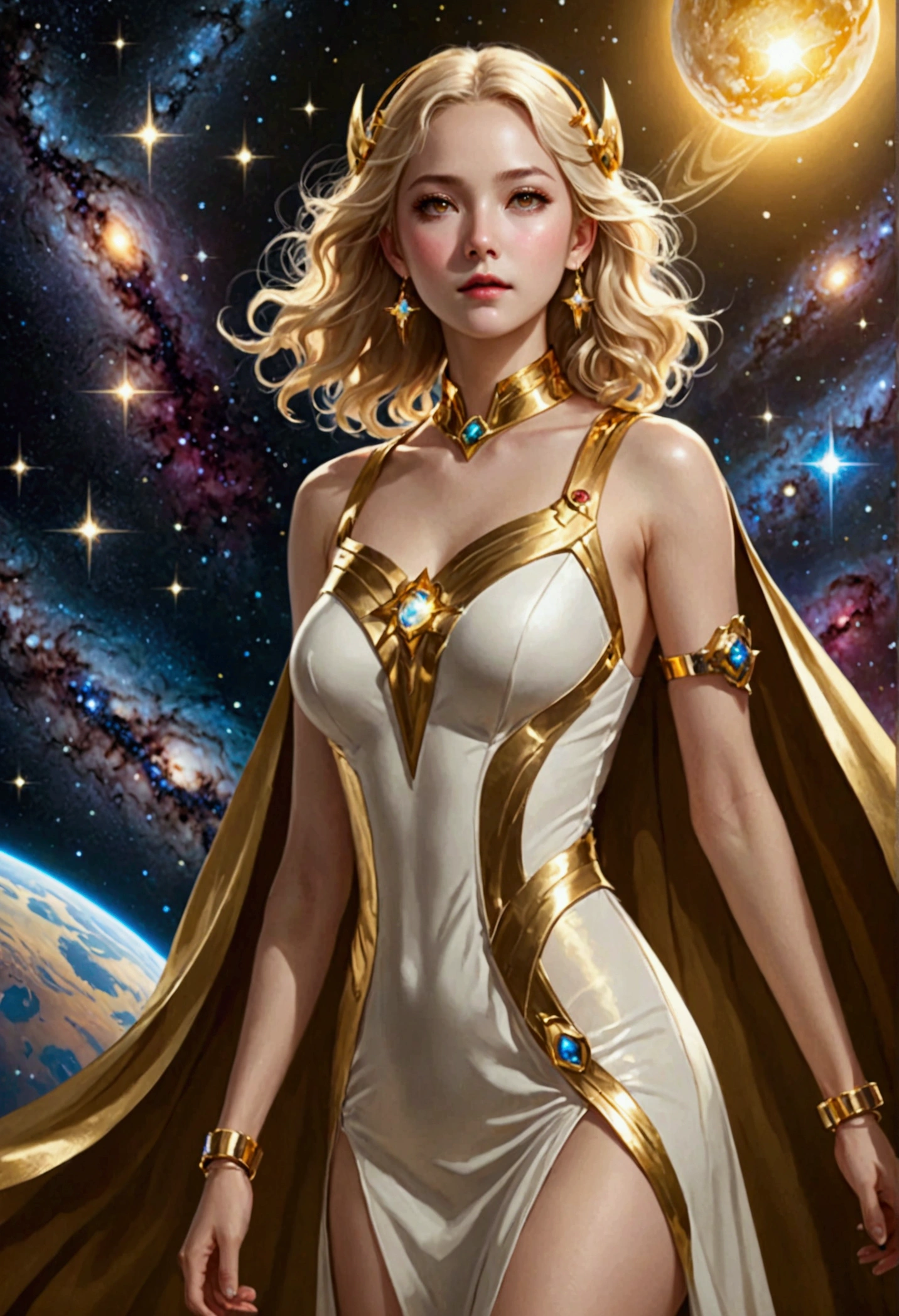 (masterpiece、Highest quality、High resolution、8k)、((Alone in space、Beautiful Goddess、Standing posture、(whole body)、Ideal ratio、A short body is ideal、(Floating in space))、Golden Cape、White long dress、Sleeveless、Gold bracelet、Blonde、Beautiful brown eyes、Elegant operation、Professional Lighting、The universe is full of light、Countless stars and nebulae、