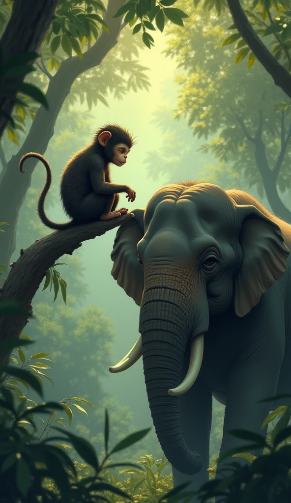 Focus on the moment after Kavi has exhausted himself trying to provoke Arjun. Kavi sits on a branch, looking tired and confused, while Arjun remains serene and composed, with his eyes gently closed. The jungle is quiet around them, with leaves rustling in the soft breeze. The image captures the realization in Kavi’s eyes as he starts to understand Arjun’s calm strength. Arjun is an elephant and kavi is maonkey