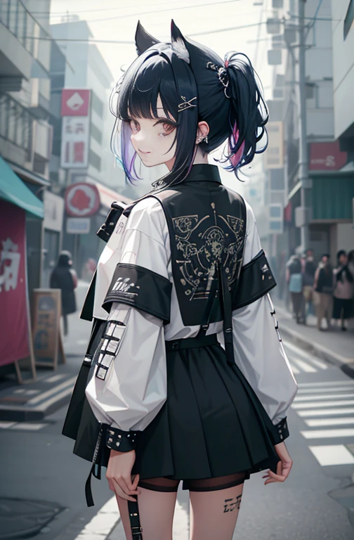 Background white、From the back、Rear view、turn around、from above、Nike、perforation的女人、perforation、a smile、Colorful hair,Black shorts、Bangs、(a black skirt)、1 Girl,Solitary,Shiny hair、Photorealistic, high resolution, 1 girl, gold、Pink and light blue hair、Colorful hair colors, Korean, Cowboy shooting、Gothic