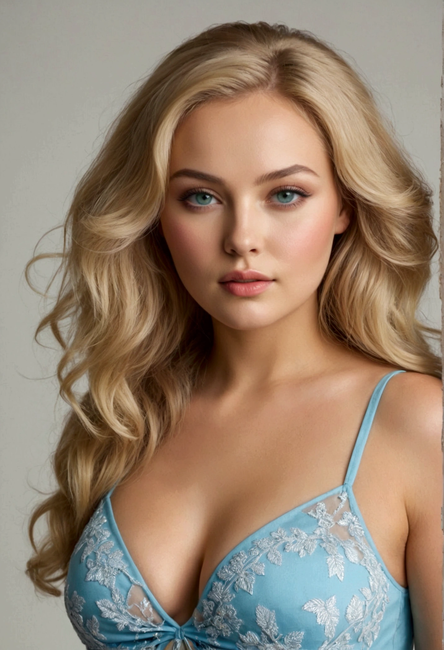 Create a highly realistic, stunning female model with a youthful, 2 appearance and a voluptuous body. The model should embody the classic beauty of Russian heritage, featuring fair, clear skin, high cheekbones, full lips, and striking light blue or green eyes. Her hair should be long and styled in a modern, chic fashion, either blonde or light brown.
The model should have a voluptuous physique, with a curvy waist, full hips, and a well-defined bust. Her figure should be both youthful