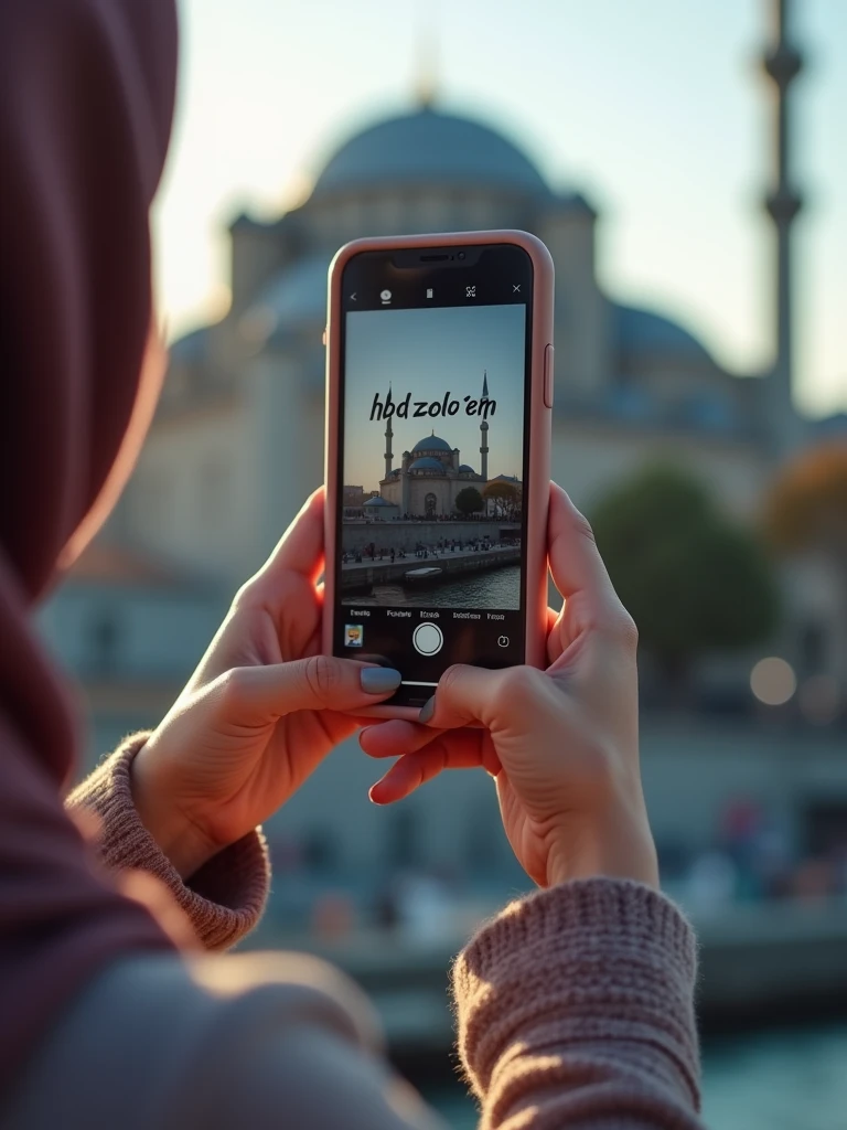 a hijabi girl taking his hands photo while she have i phone on his hand in istanbul famuse plases. Show only her hand and writ this same msg "HBD Zolo'em 🥳" with black bakround Realistik 4k.