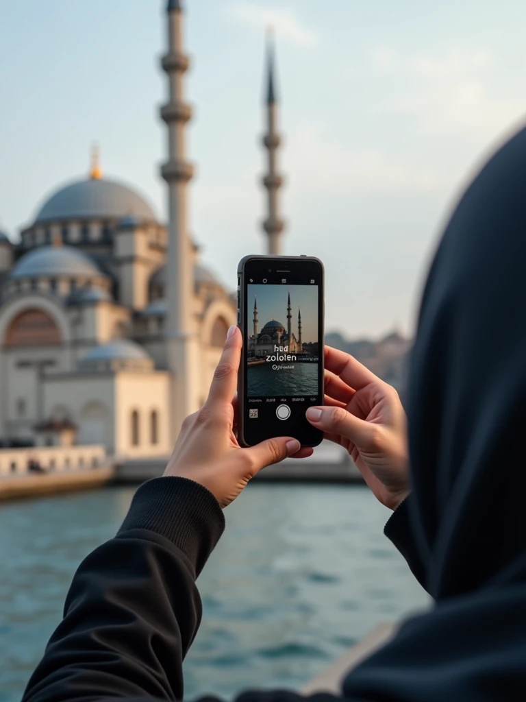 a hijabi girl taking his hands photo while she have i phone on his hand in istanbul famuse plases. Show only her hand and writ this same msg "HBD Zolo'em 🥳" with black bakround  Realistik 4k.