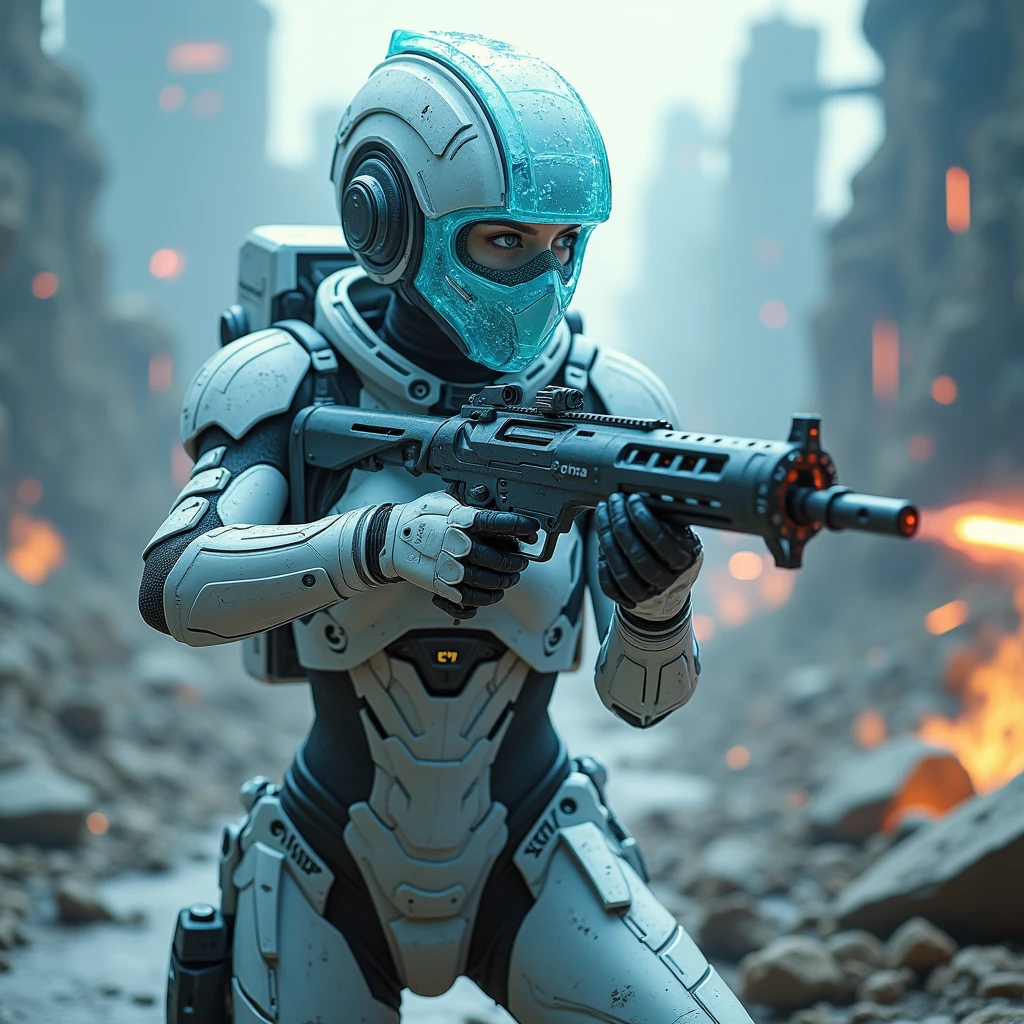 A full protective helmet mask made of ice and a future high-tech combat armor，Sci-fi female space warrior，High-tech science fiction magical weapons，Tactical equipment，Shooting stance，Battlefield environment，Art Photography
