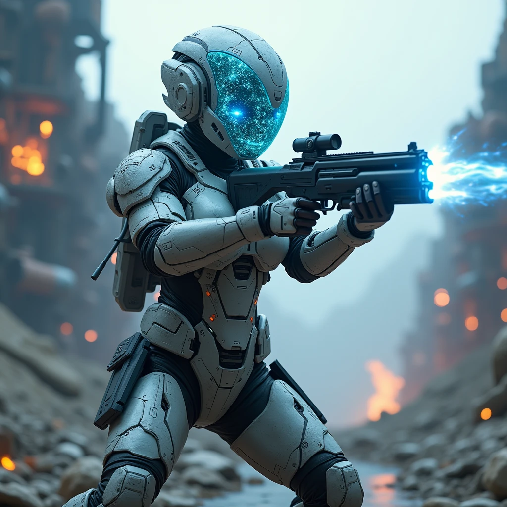A full protective helmet mask made of ice and a future high-tech combat armor,Sci-fi female space warrior,High-tech science fiction magical weapons,Tactical equipment,Shooting stance,Battlefield environment,Art Photography