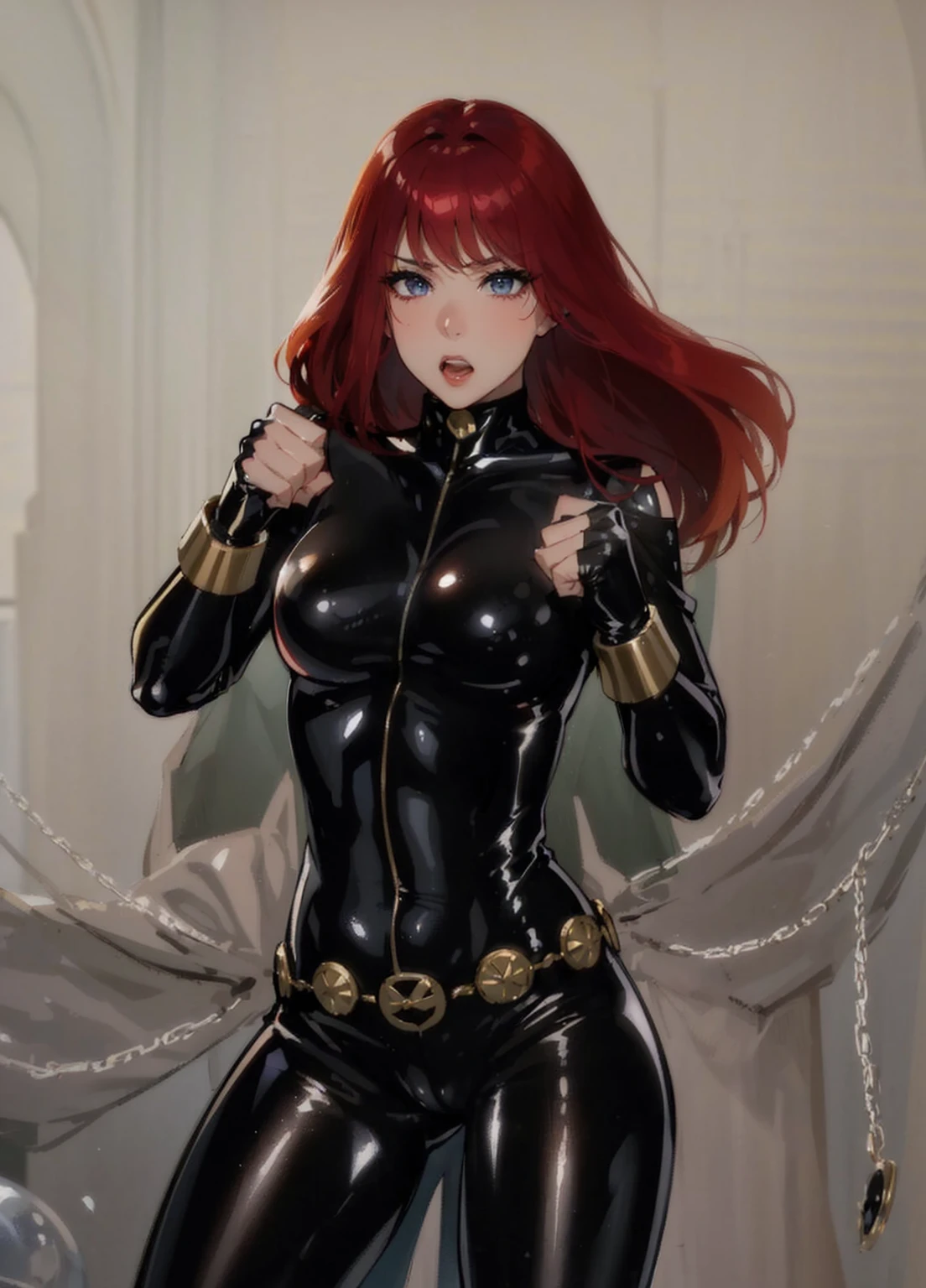 The image is a drawing of a girl with shoulder-length, bright red hair dressed in a sleek skin-tight shiny black latex bodysuit with a silver zipper running down the front. The suit is complemented by her golden wrist guard on both wrists and a golden belt made of shiny circles. She appears with a cute smile on her face. She has blue eyes. She stands with a strong posture, hands clenched into fists at her sides, and eyes cast with a determined or fierce gaze. In the background, there are white chains that curve upwards. Her overall stance and the background chains convey a powerful presence and a sense of energy, readiness for action, and possibly a dangerous situation.