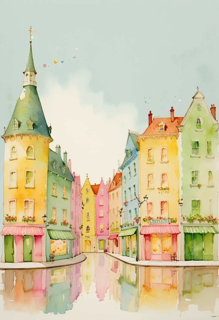 watercolor painting,A whimsical cityscape in pastel watercolor, with charming buildings and a light, airy feel, and the text "Pastel Watercolor" creatively incorporated， simple background