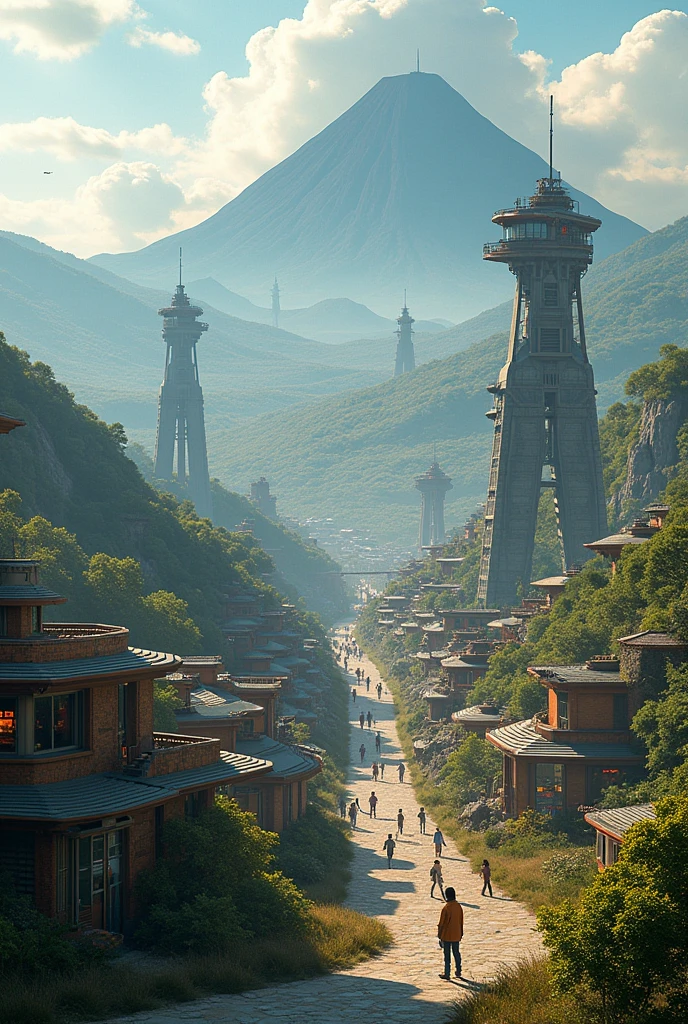 hills with lights and houses and cars and flying cars and modern house and peoples and floating house and volcano