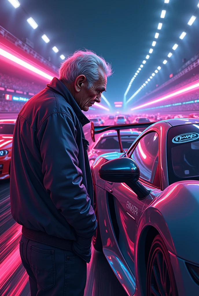 Video game gran turismo neon vector illustration , Incredibly large details, 16K, tshirt design, Incredibly shiny, saggy, high detail - V、Negotiating with rivals right after the start