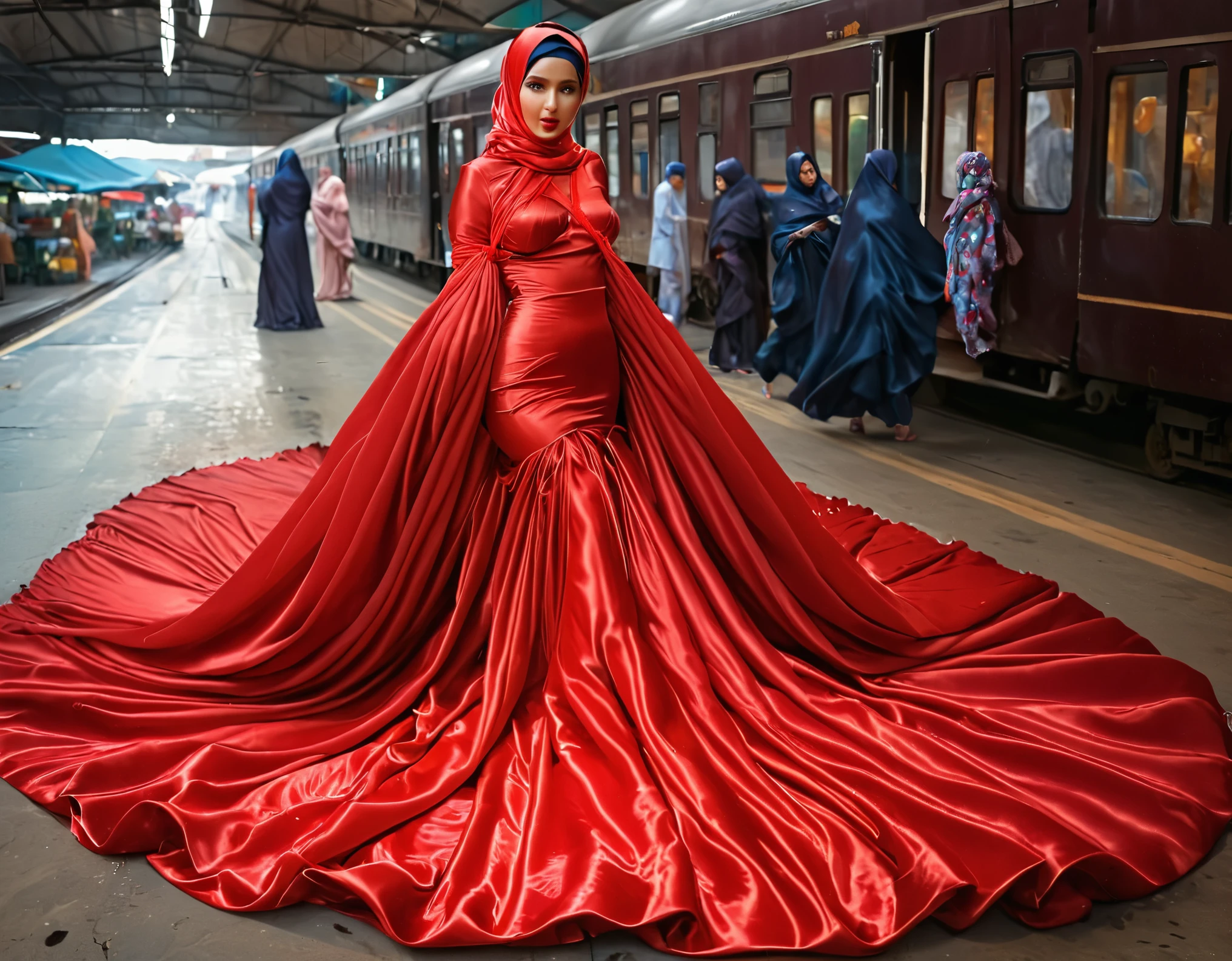 A woman shrouded in a 10-meter-long, plush red satin cloth, tightly bound and grandly draping along the form of her body, flowing off into a pooled floor-length train, styled in a mermaid-inspired outfit with ballon sleeve, her head modestly veiled in a satin hijab, tall woman, walk in wet traditional market, a full-body pose conveying a sense of elegance, captured in a 4k resolution, ultra-realistic