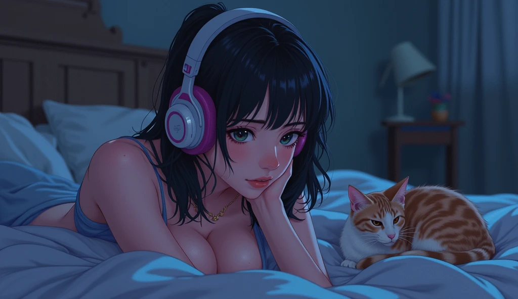 Perfect image, 8k、night、high school girl、Mature、Big Breasts、sweat、Using headphones、bed、Cat、 2D-style animation, Lo-Fi、Retro、Emotional、Anime style illustrations