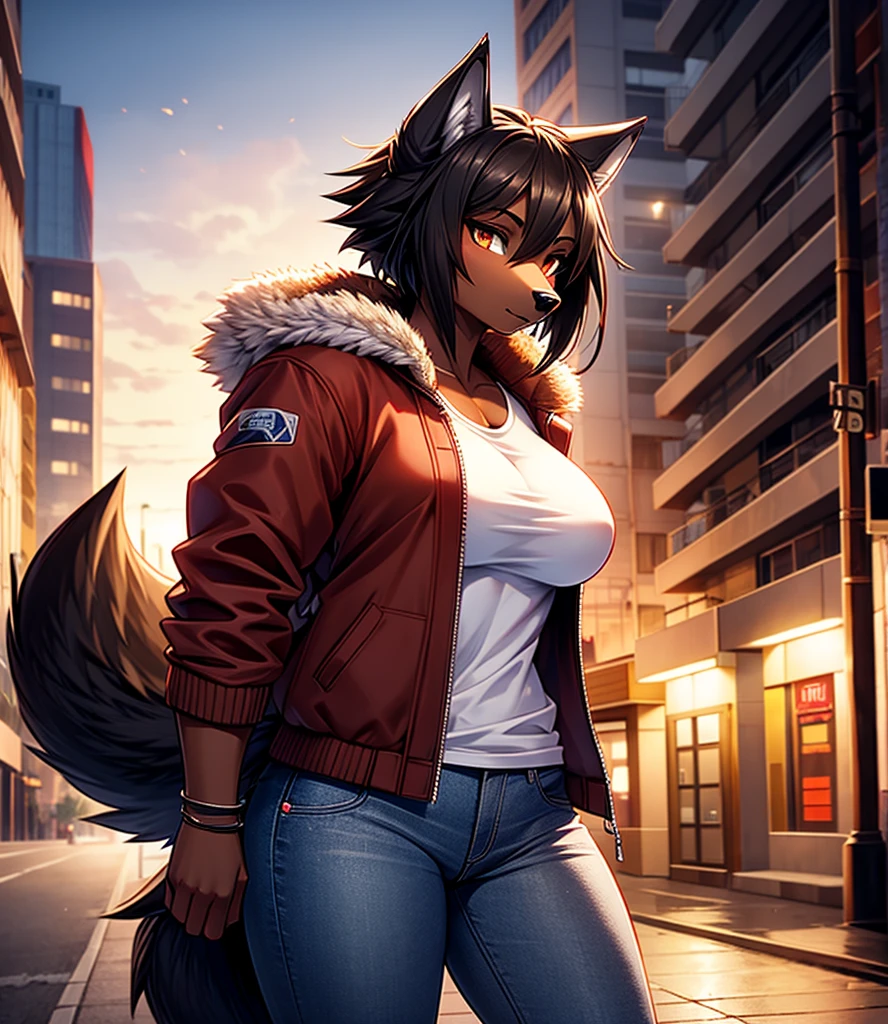 By r-mk, ((Wolf)) (woman) ((brown skin)) standing straight, red cotton jacket, white t-shirt, jeans, black hair, [[serious face]], female eyes, tall woman (furry), ((muscles)), 30 years old, [medium size breast], ((cotton jacket)), [[short hair]], detailed face, good anatomy, well illuminated, sidewalk, ondulated hair, [wolf snout], solo, [face close up], short wolf tail, 2d