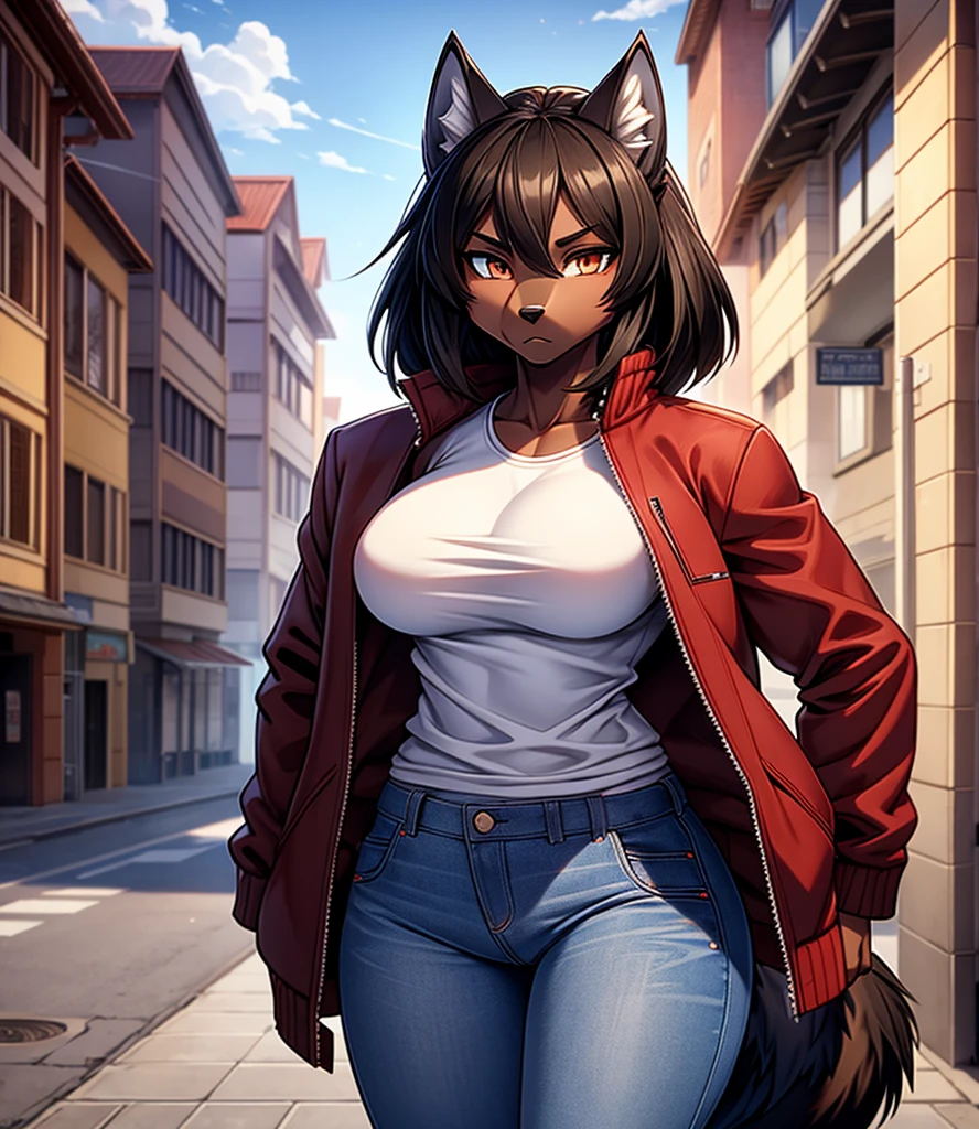 By r-mk, ((Wolf)) (woman) ((brown skin)) standing straight, red cotton jacket, white t-shirt, jeans, black hair, [[serious face]], female eyes, tall woman (furry), ((muscles)), 30 years old, [medium size breast], ((cotton jacket)), [[short hair]], detailed face, good anatomy, well illuminated, sidewalk, ondulated hair, [wolf snout], solo, [face close up], short wolf tail, 2d