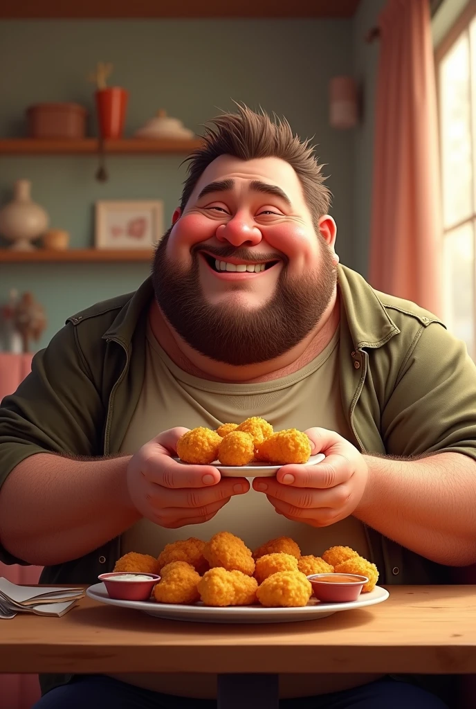 A fatyy man with nuggets
