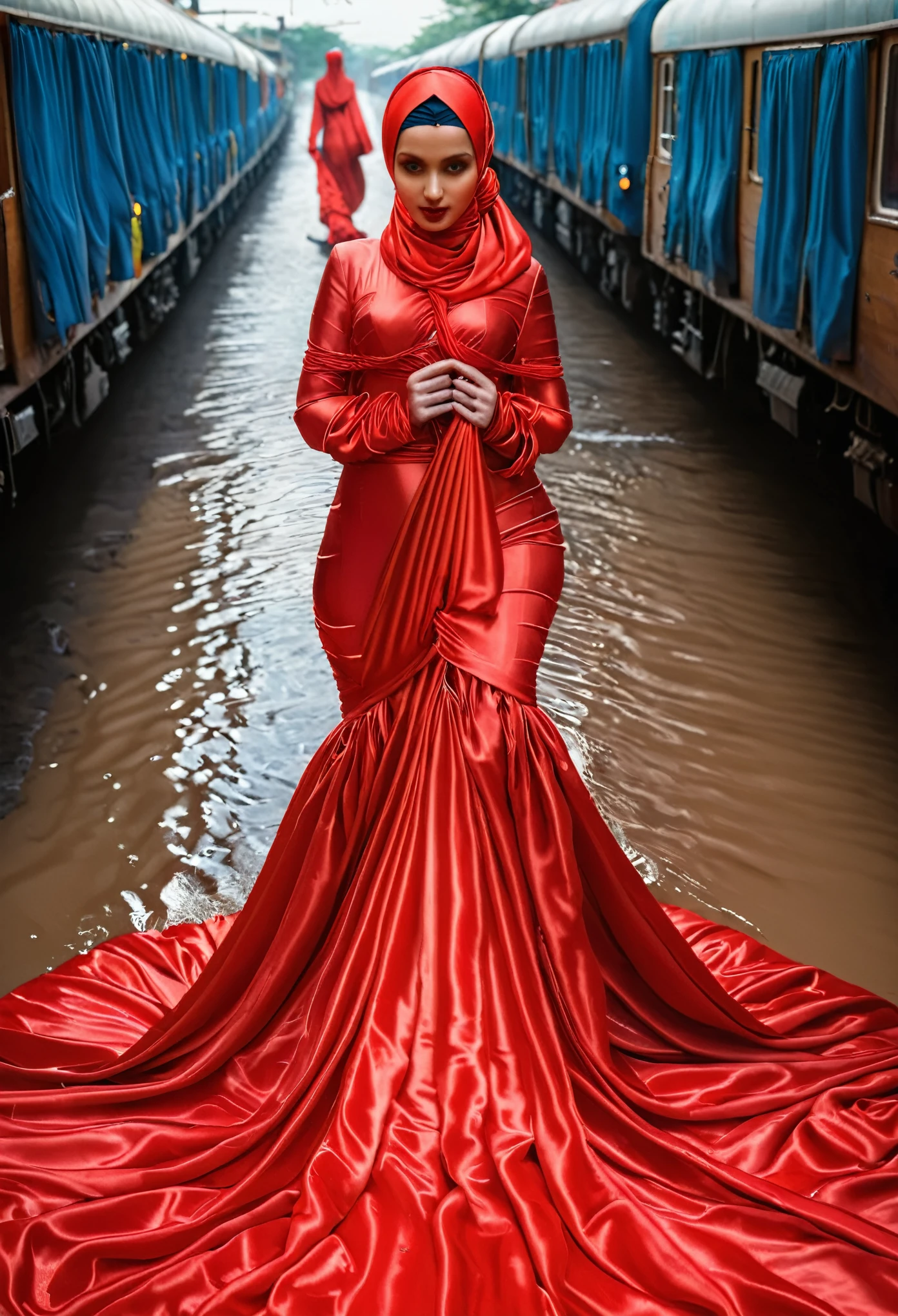 A woman shrouded in a 10-meter-long, plush red satin cloth, tightly bound and grandly draping along the form of her body, flowing off into a pooled floor-length train, styled in a mermaid-inspired outfit with ballon sleeve, her head modestly veiled in a satin hijab, tall woman, walk in wet traditional market, a full-body pose conveying a sense of elegance, captured in a 4k resolution, ultra-realistic