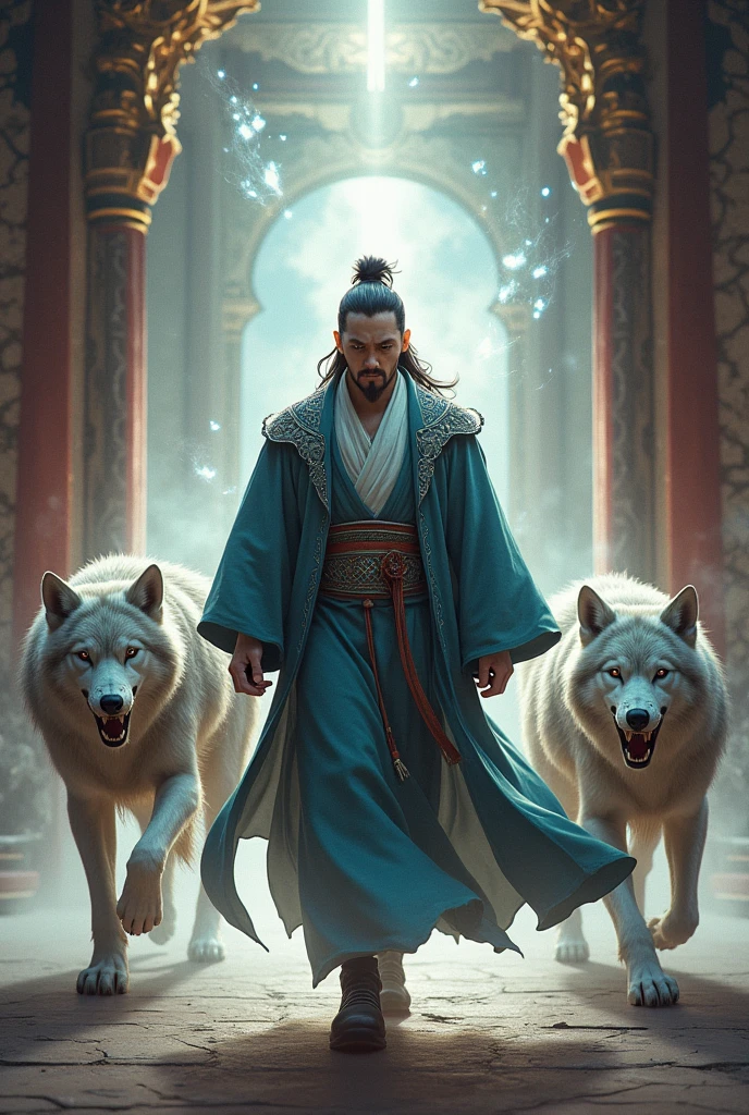 A cultivator walked out of the pavilion followed by spirits and many wolves. He faced forward and the wolves looked very ferocious.